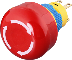 Emergency stop switch, 16mm, 5A, 250V, Pin terminal, Red plastic head, IP65 (1NO / 1NC)